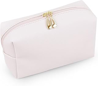 7" PU Leather Makeup Bag Waterproof | Travel Toiletry Organizer, TSA Carry-On, Gym Pouch w/Brush Holder(Light Pink)
