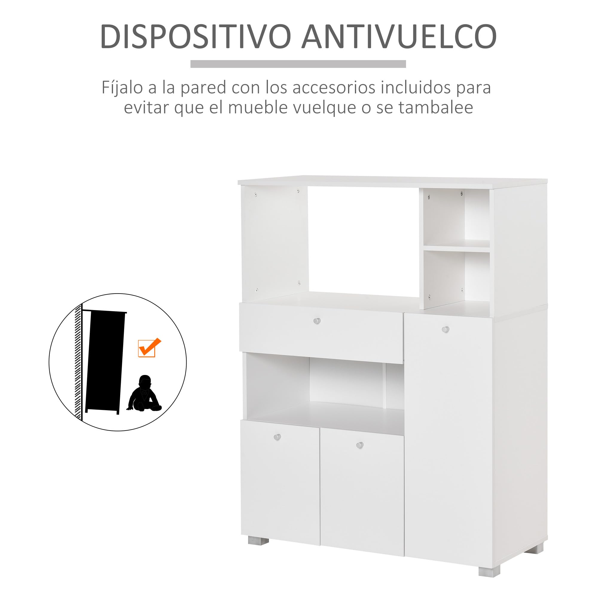HOMCOM Mueble Auxiliar de Cocina Mueble para Microondas Aparador de Cocina con Cajón Estantes 3 Puertas 3 Compartimientos Diseño Anti-vuelco para Comedor 90x40x120 cm Blanco
