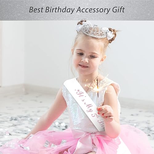 Miniatura 7 de MEANT2TOBE Banda y tiara de cumpleaños número 5 para niñas, fabulosa banda con purpurina + estrellas de diamantes de imitación, tiara de metal