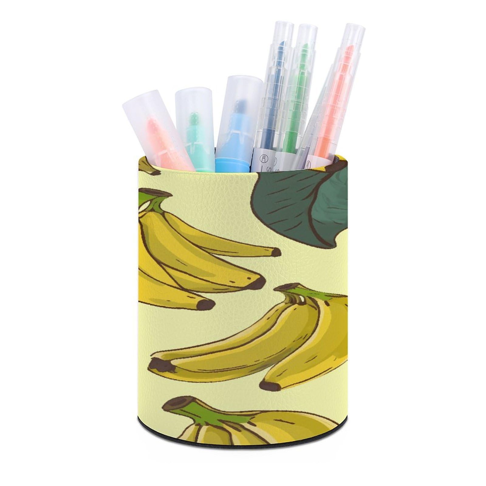 FekiLoot Banana Print Pen Holder Cup Fashion PU Leather Pencil Cup Minimalist Pen Organizer Round Pencil Holder Stand Work Locker Accessories for Decoration Desk Office Home