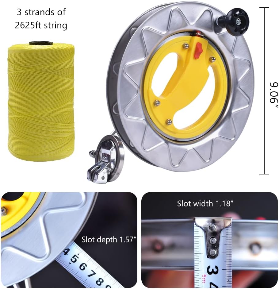 Stainless Steel Kite String Reel with Lock Non-Reverse Functions 9.06inches Dia with 2625ft Strings Comfortable Ergonomic Handle Universal Hole