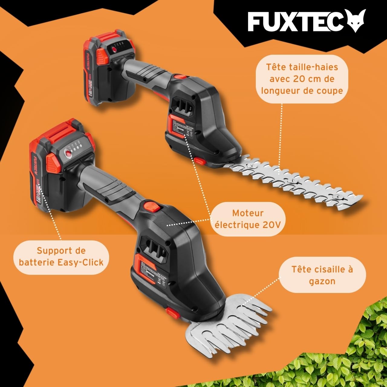 FUXTEC Taille-Haies Manuel sans Fil 20V FX-E1HHS20SET - 0,67Kg Poids, Taille du Guide de 20cm, diamètre de 10,5cm, avec Batterie