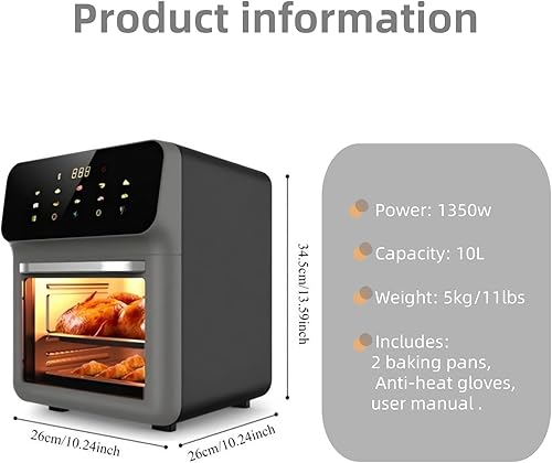 Miniatura 3 de Combo de horno freidora de aire digital 3 en 1 de gran capacidad de 10 litros con pantalla táctil inteligente, 18 preajustes y sartenes para hornear