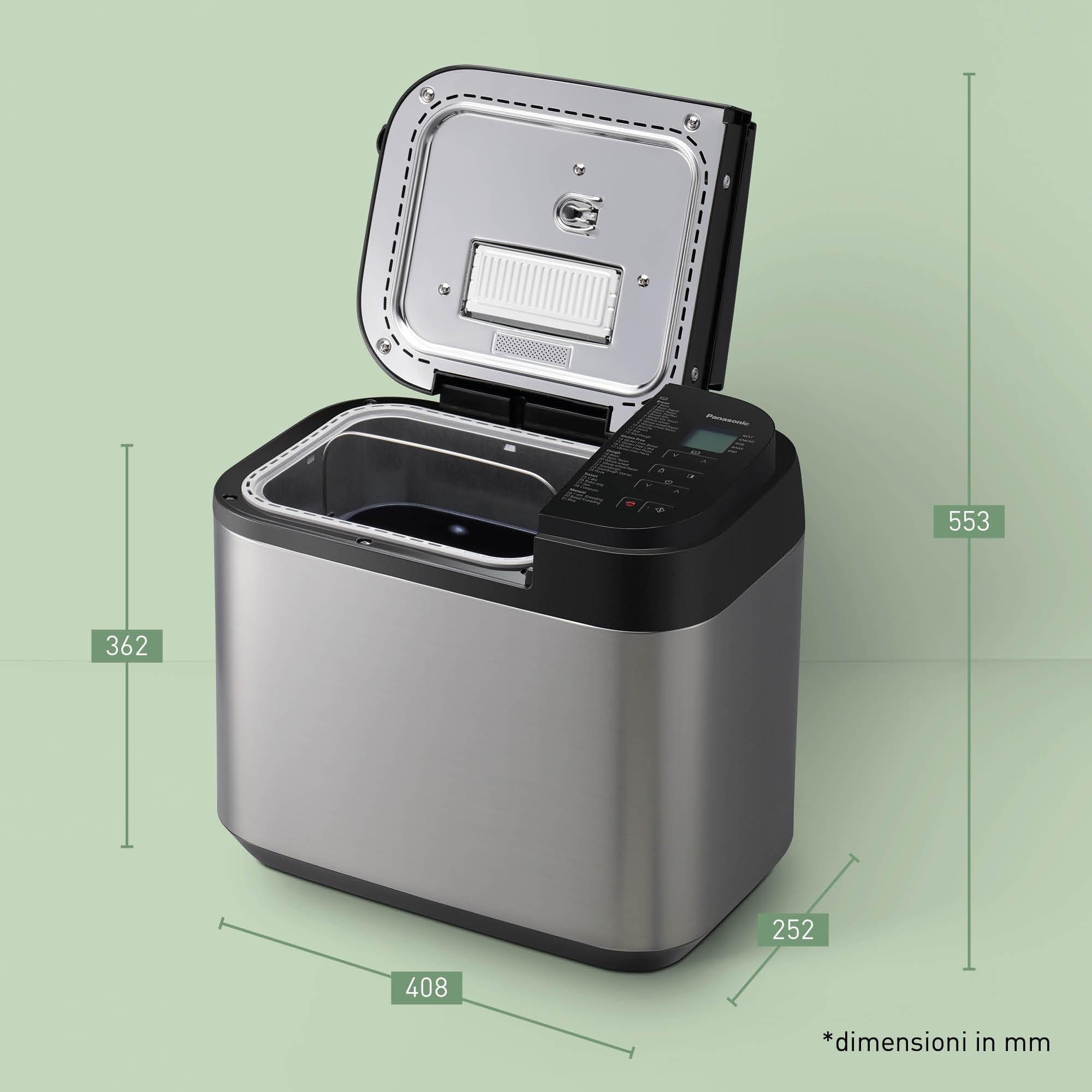 Panasonic SD-YR2550SXE Macchina per il Pane, 31 Programmi Cottura, Dispenser per Lievito, Uvetta e Frutta Secca, Timer Digitale da 13 Ore, per Dolci, Pizza, Marmellate, Brioche e Gluten Free