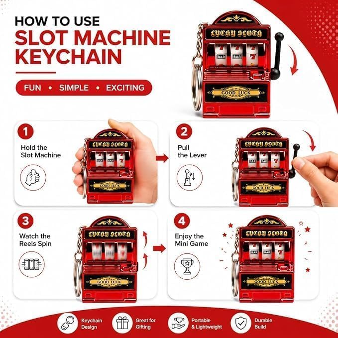 Image of Mini Slot Machine Keychain with Pull Lever and Rotating Reels, Lucky Slots Novelty Key Ring Pendant, Metal Pocket Arcade Game for Keys, Backpack, Handbag & Gifts