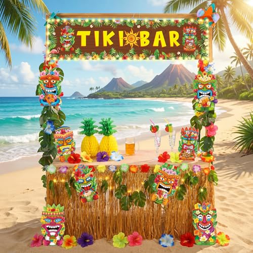 Suncalla 114pcs Tiki Bar Hut Kit Tropical Luau Party Decoration Summer Hawaiian Tiki Bar Decor Outdoor Hawaii Hut Table Skirt Banner Garland Tropical Palm Leaves with Lights for Luau Aloha Theme Party