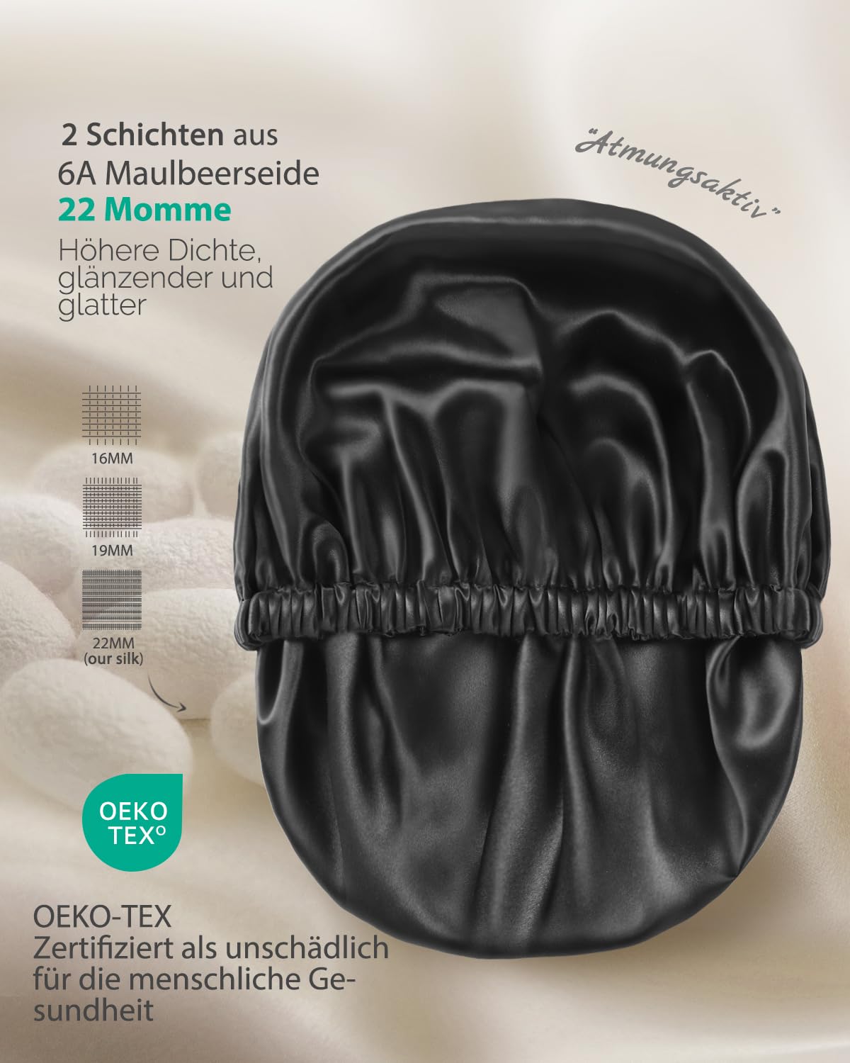 Hat Hut 22 Momme Seidenhaube zum Schlafen, Schlafmütze aus 100% Maulbeerseide, Silk Bonnet Schlafhaube für Lockiges Haar, Doppelte Haarhaube (DE/NL/SE/PL, Alphanumerisch, Einheitsgröße, Schwarz)