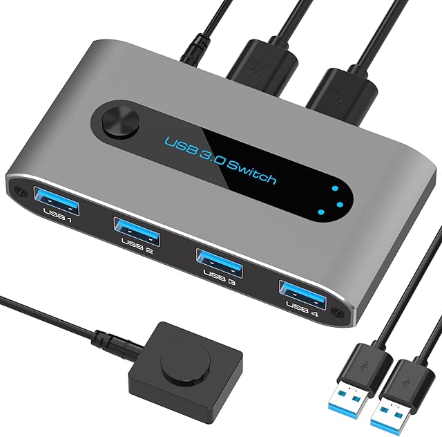 USB 3.0 Switch Selector 2 In 4 Out USB Sharing Switch for 2 Computer Sharing 4 USB Devices USB KVM Switcher Box for Mouse Keyboard Scanner Printer with 2 Pcs USB 3.0 A-A cable.