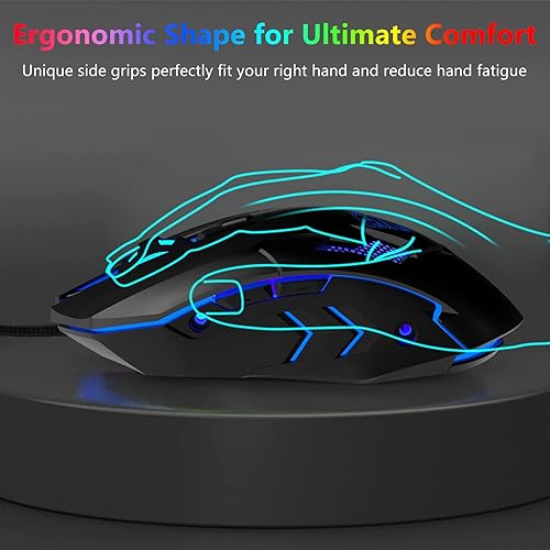 Miniatura 3 de FUWANG Ratón para juegos con cable, mouse USB para computadora con retroiluminación RGB, sensor óptico de 7200 DPI, mouse ergonómico para gamer con