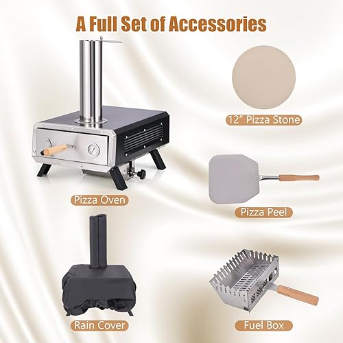 Miniatura 9 de HAPPYGRILL Horno de pizza al aire libre con piedra giratoria para pizza, máquina de pizza de leña con cáscara de pizza, termómetro y cubierta de