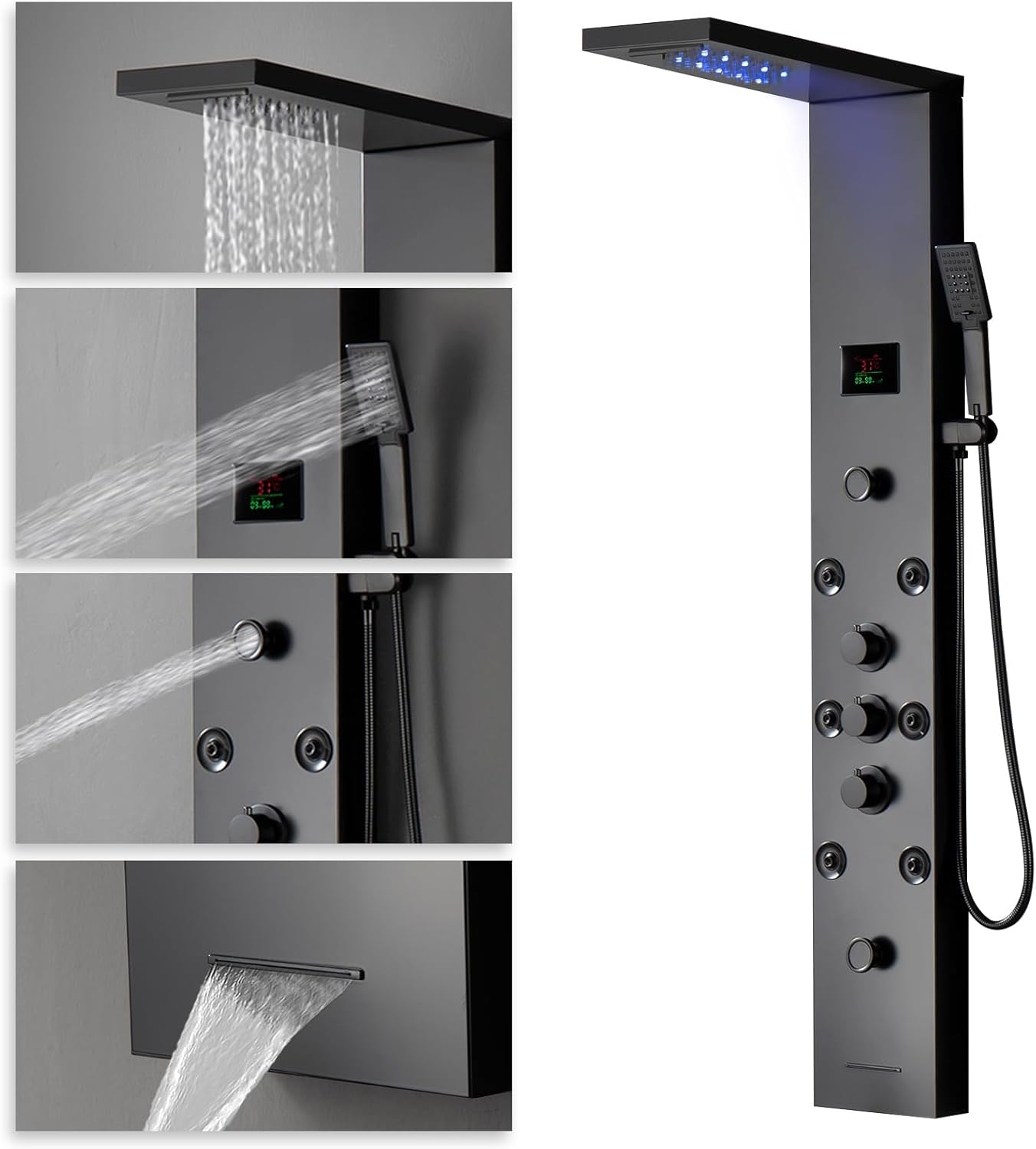 Black Shower Panel LED Light Temperature Display 304 Stainless Steel Bathroom Shower Tower System with Rainfall Shower Head Handheld Massage Body Jets Wall Mount Waterfall BathTub