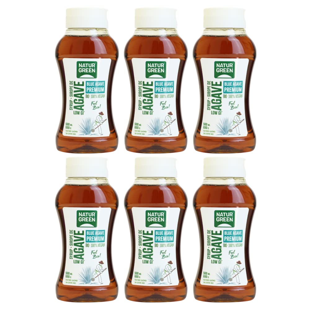 NaturGreen - Sirope de Agave BIO, Edulzante Natural, Edulcorante Ecológico, Sustituto del Azúcar Refinado, Sin Gluten, Sin Lactosa - Pack 6 unidades de 500 ml