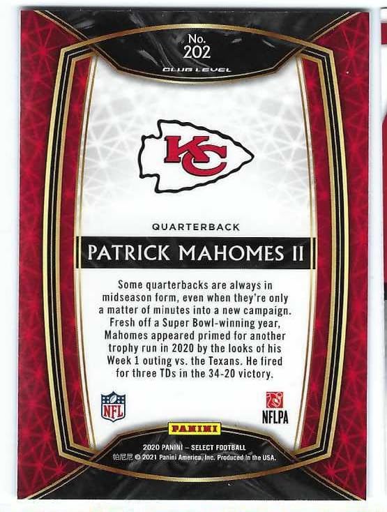 Miniatura 2 de PATRICK MAHOMES II 2020 Panini Select Club Level #202 Football Card Kansas City Chiefs