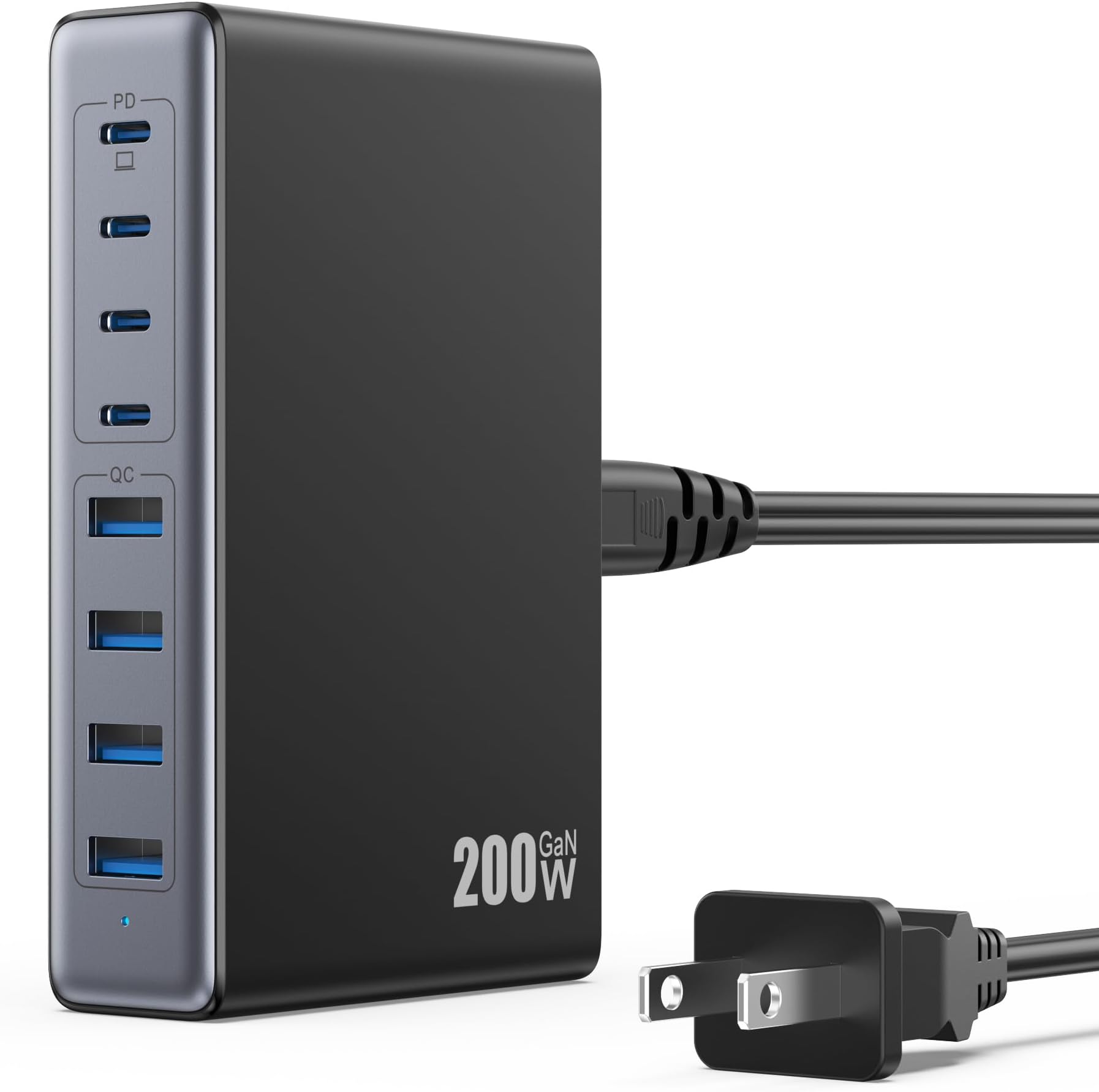 LanLuk 200W GaN IV 8-Port Charging Station with 65W USB-C PD Output and QC4.0, Compatible with MacBooks, Dell laptops, iPhones, iPads, and Steam Deck.