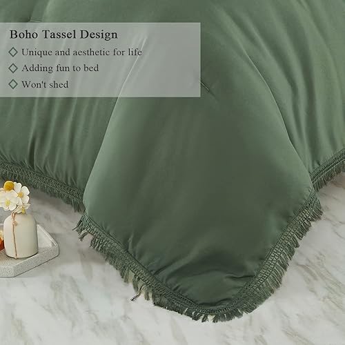 Miniatura 5 de Juego de edredón verde bohemio tamaño King con borlas, juego de ropa de cama estético de 3 piezas de microfibra estilo desgastado y elegante, juego