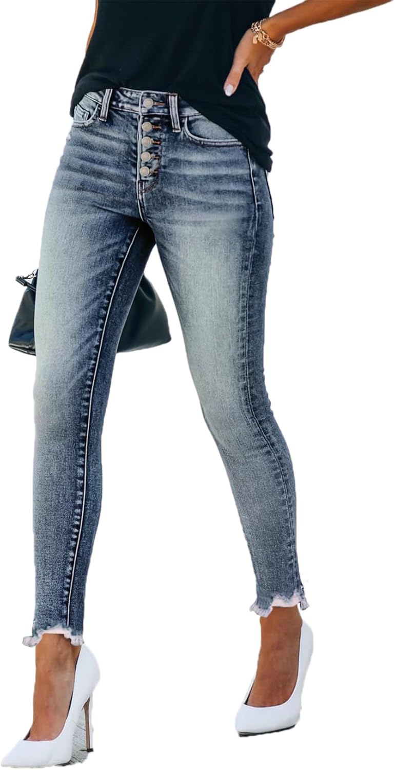 Allimy Women's High Rise Skinny Stretch Button Ripped Jeans High Waisted Destroyed Denim Pants - Image 3