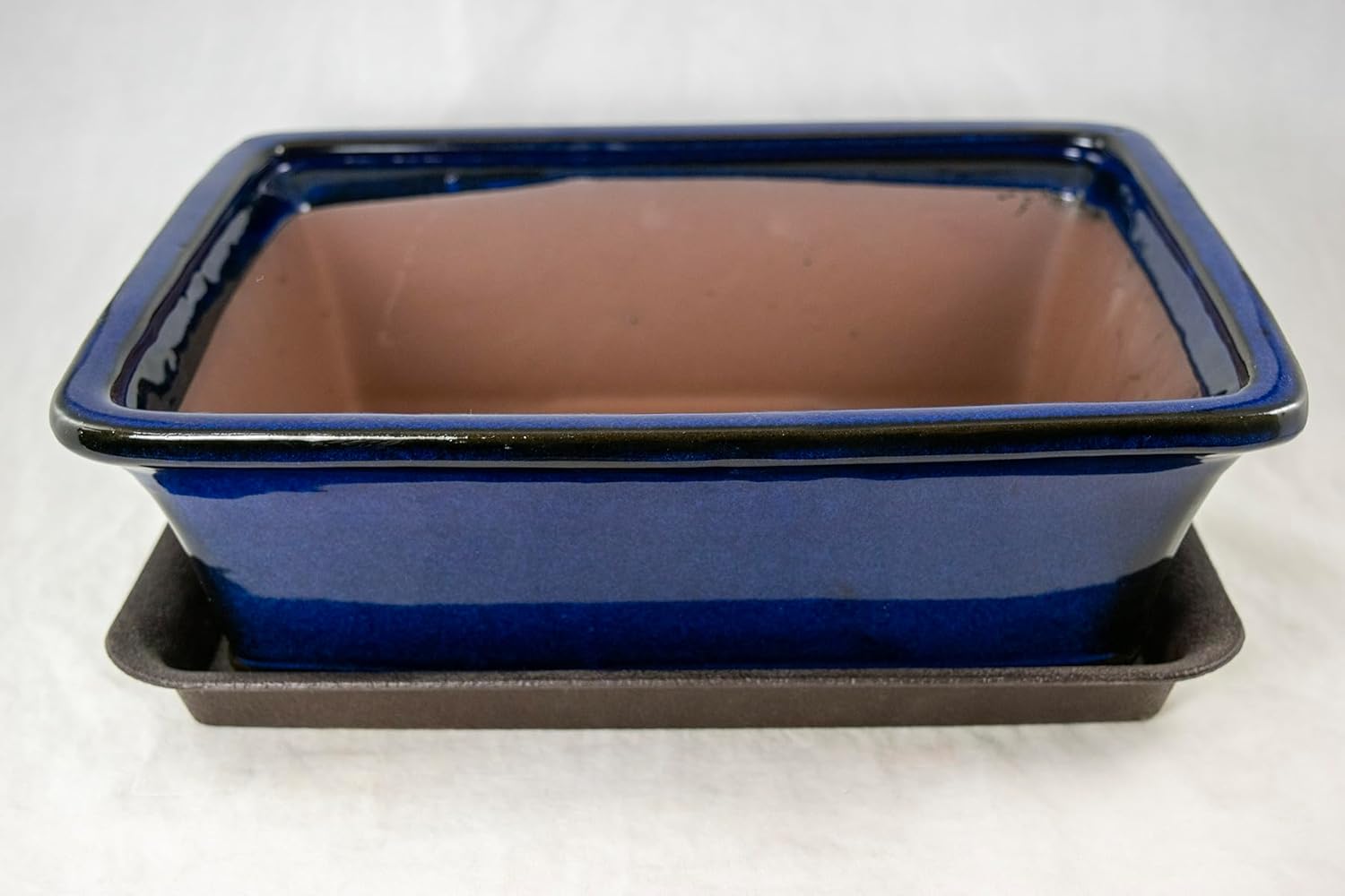 Rectangular Glazed Bonsai Pot, Cactus & Succulent Planter + Tray + Mesh 12 x 9 x 4 - Dark Blue Stain