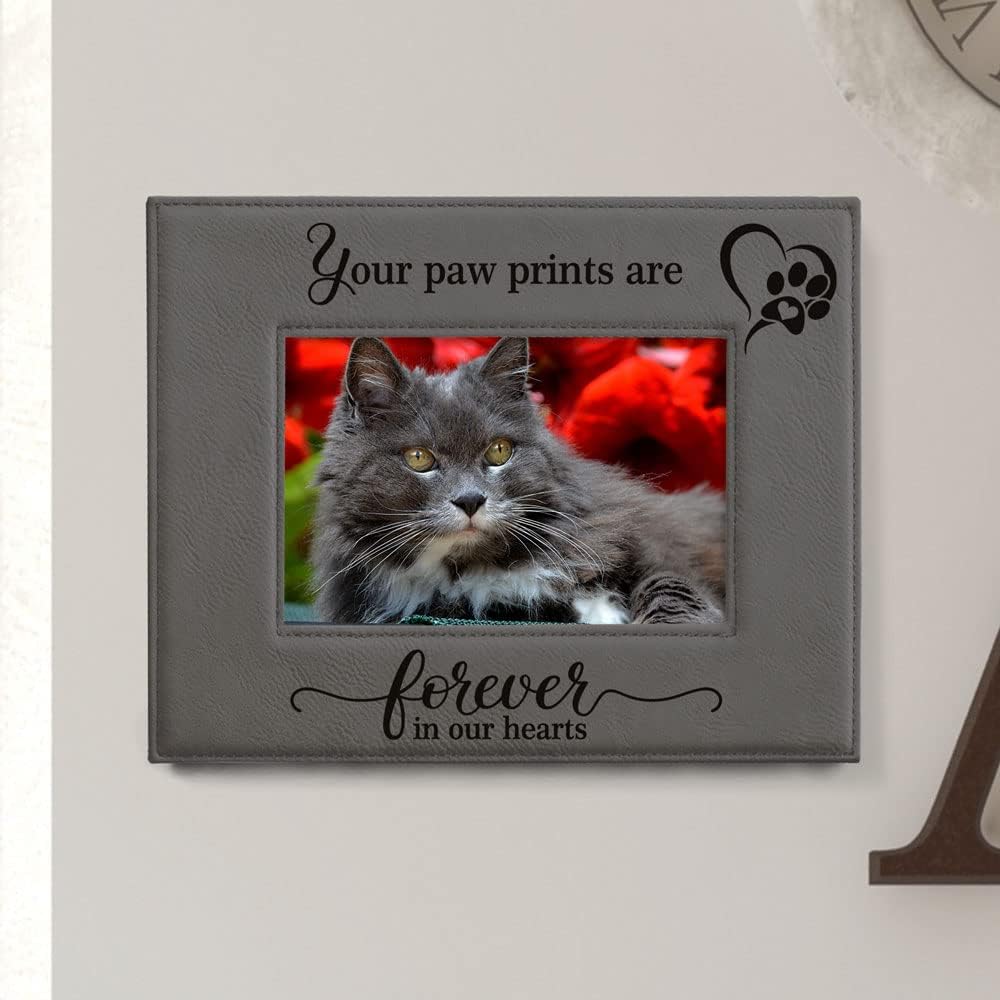 KATE POSH - Your Paw Prints are Forever in our Hearts. Engraved Leather Picture Frame. Memorial Pet Gift, Loss of Dog and Cat, Pet sympathy gift, In memory of (5" x 7" Horizontal)