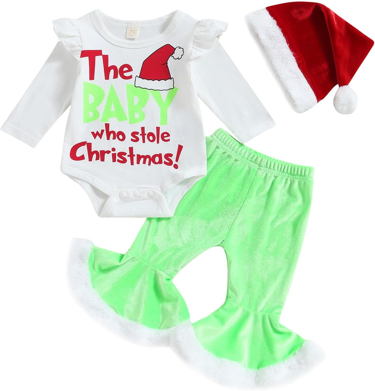 FIOMVA My First Christmas Baby Girl Outfit Newborn Fall Winter Onesie Bell Bottoms Hat 3pcs Set Romper Pants Clothes