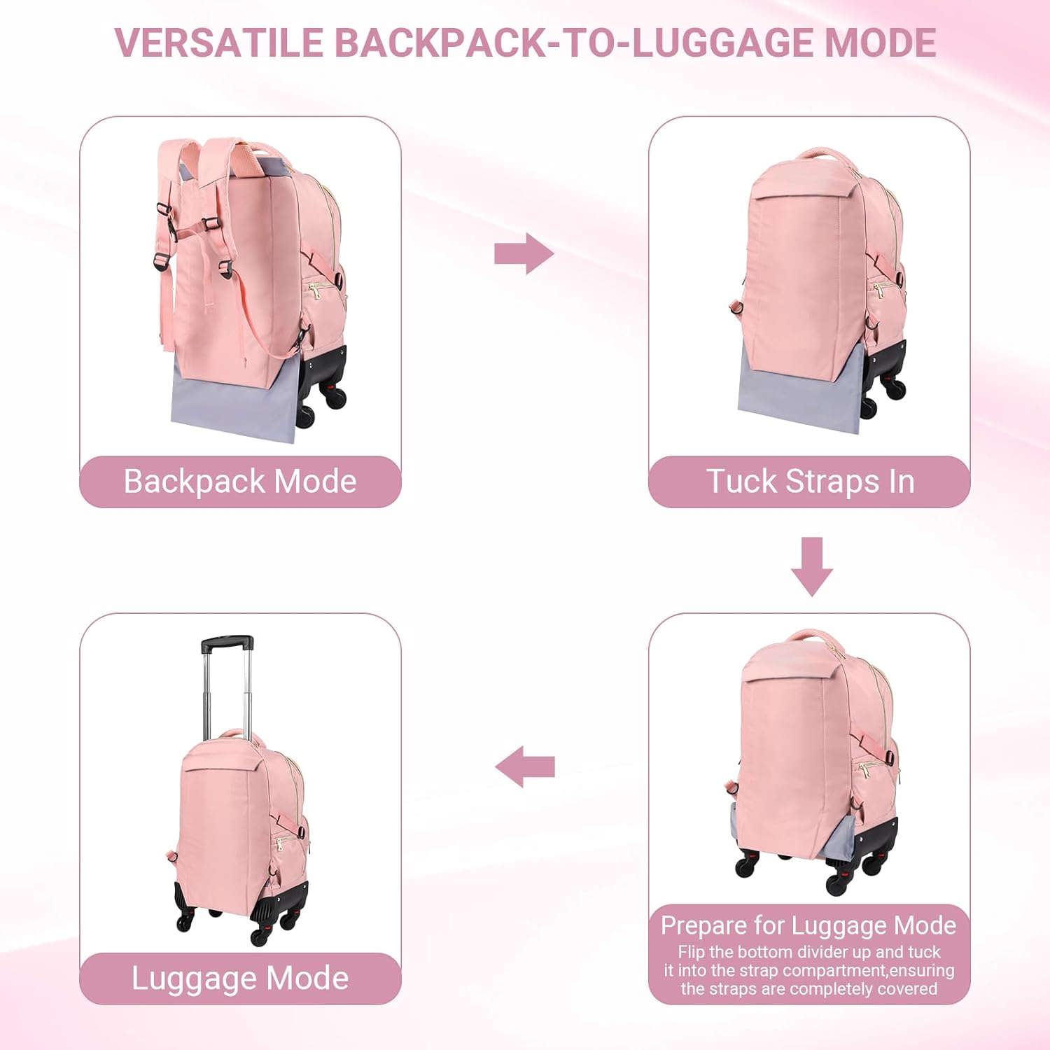 star cloud Rolling Backpack for Women, 21"x14"x9",45L Travel Backpack with Wheels and USB & Type-C Charging Ports, Fits 17.3", Water-Resistant Carry-On Luggage for Work & Travel (Pink) - Image 7