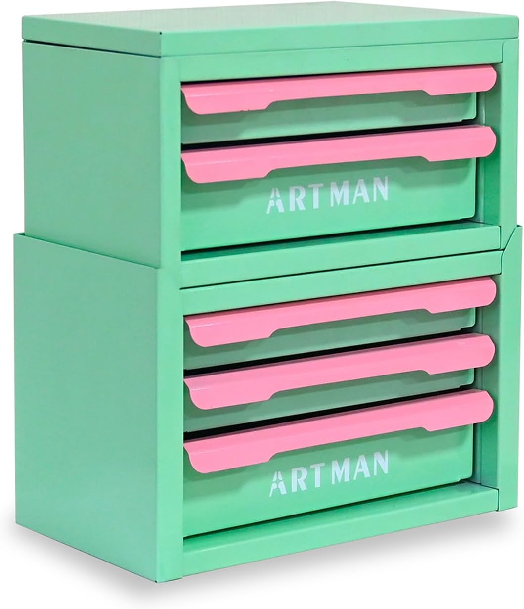 Mini Metal Tool Box with 5 Drawers and Top Storage, 11" Small Desktop Tool Chest, Cold Rolled Steel Toolbox Suitable for Makeup,Cosmetics,Office Supplies & Stationery (Creamy Green & Pink)