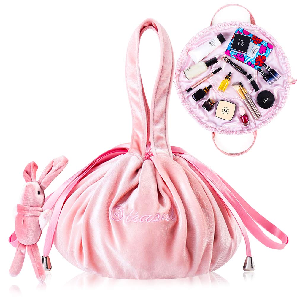 YFYFung Lazy Cosmetic Bag, Velvet Drawstring Travel Cosmetic Bags, Portable Travel Drawstring Makeup Pouch Magic Toiletry Bag with Rabbit Widgets for Outdoor Travel Office's Women and Girl (pink)
