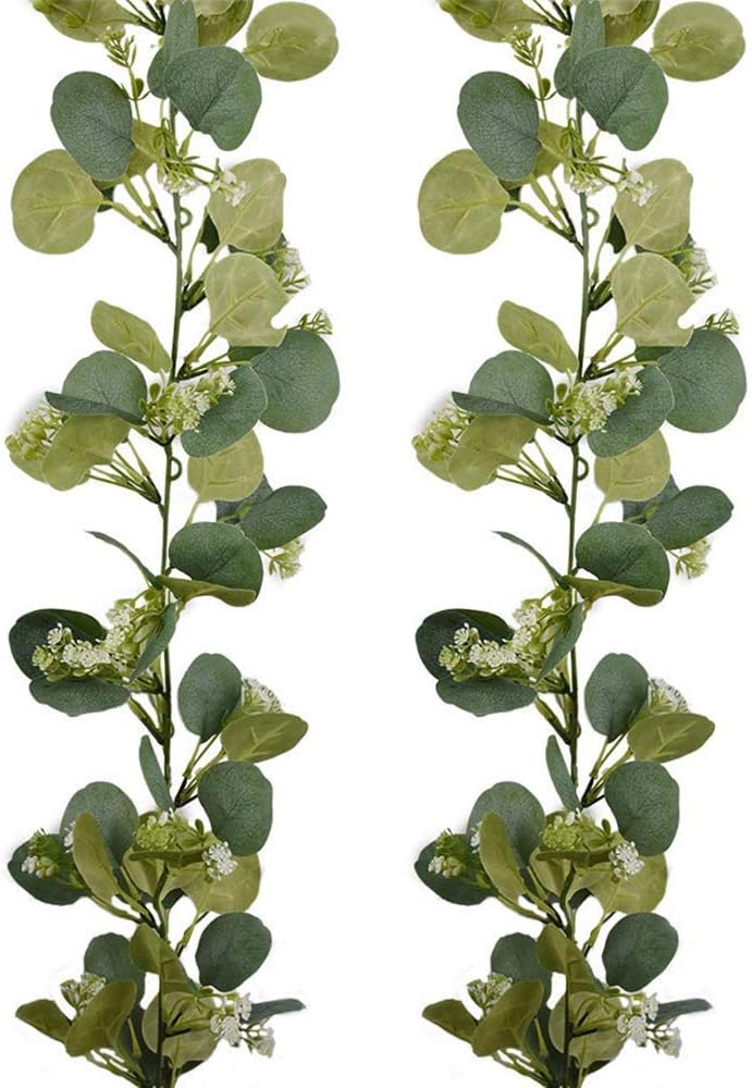 2 Pack 71" Seeded Eucalyptus Garland Greenery Garland Faux Eucalyptus Leaves with Baby's Breath Flowers Seeds Floral Garland for Holiday Greens Season Floral Table Runner Garlands
