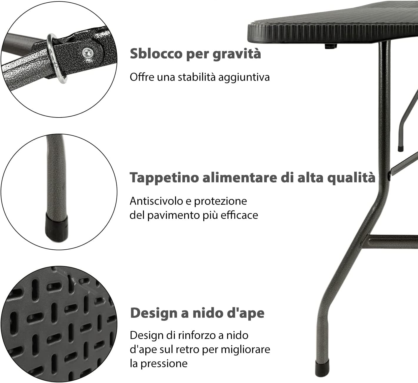 GOVITA Tavolo Salvaspazio Pieghevole Da Giardino Bianco 183x76 Cm Tavolo Richiudibile Da Campeggio Resistente Con Maniglia Per Trasporto In Hdpe Da Balcone Terrazza Campeggio (Nero)