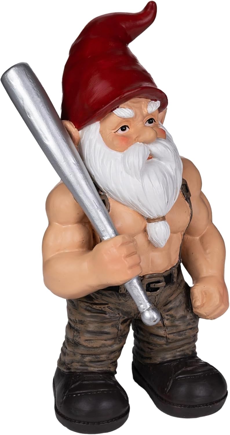 Funny Garden Gnome Statue - Baseball Bat Brawler, 9.1 Inch Tall, Indoor Outdoor Lawn & Patio Decor,Unique Novelty Gift for Men, Dad, Baseball Fans