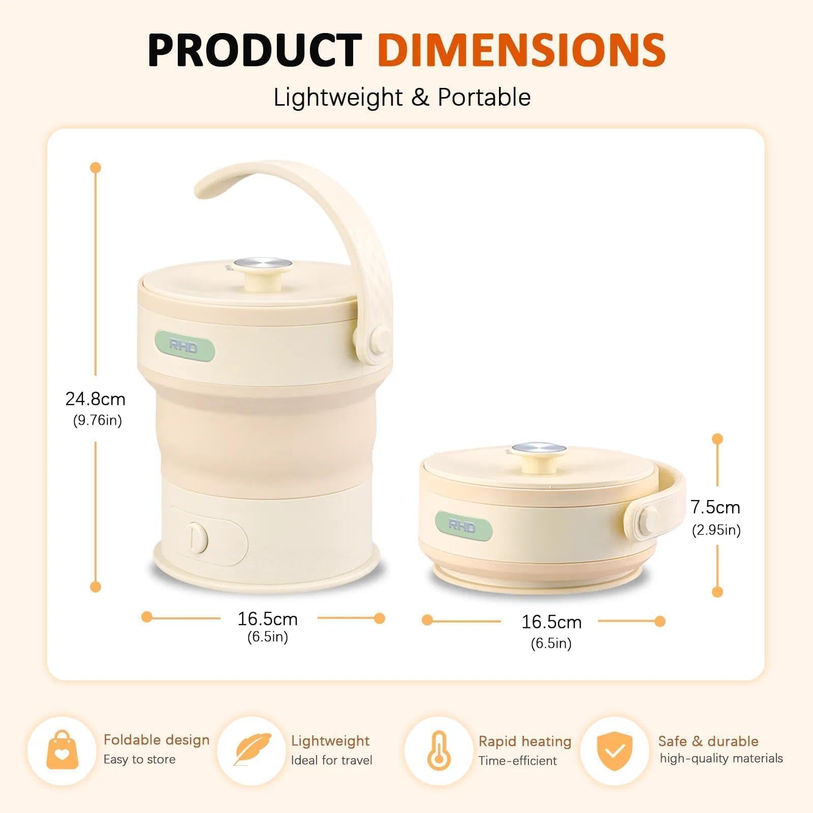 RHD Bouilloire Électrique Pliable 0.6L 600W sans BPA Silicone Jaune | Compact et Gain de Place, Arrêt Automatique, Chauffage Rapide, Léger et Portable pour Voyage, Bureau et Dortoir