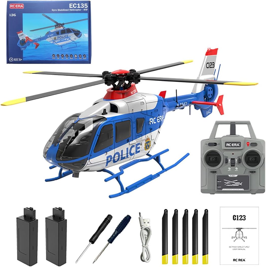 PIONEERX EC135 C123 1/36 Scale RC Helicopter, 2.4GHz 6CH Remote Control Helicopter with 6-Axis Gyro, 3D Flip, Inverted Flight, Altitude Hold, One Key Take Off/Landing - Blue White/2 Battery