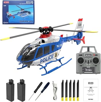 PIONEERX EC135 C123 1/36 Scale RC Helicopter, 2.4GHz 6CH Remote Control Helicopter with 6-Axis Gyro, 3D Flip, Inverted Flight, Altitude Hold, One Key Take Off/Landing - Blue White/2 Battery