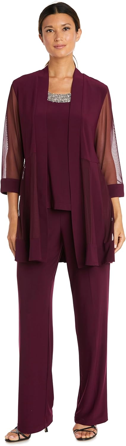 R&M Richards Women's Beaded Neck 2 Piece Pant Set 16 Merlot