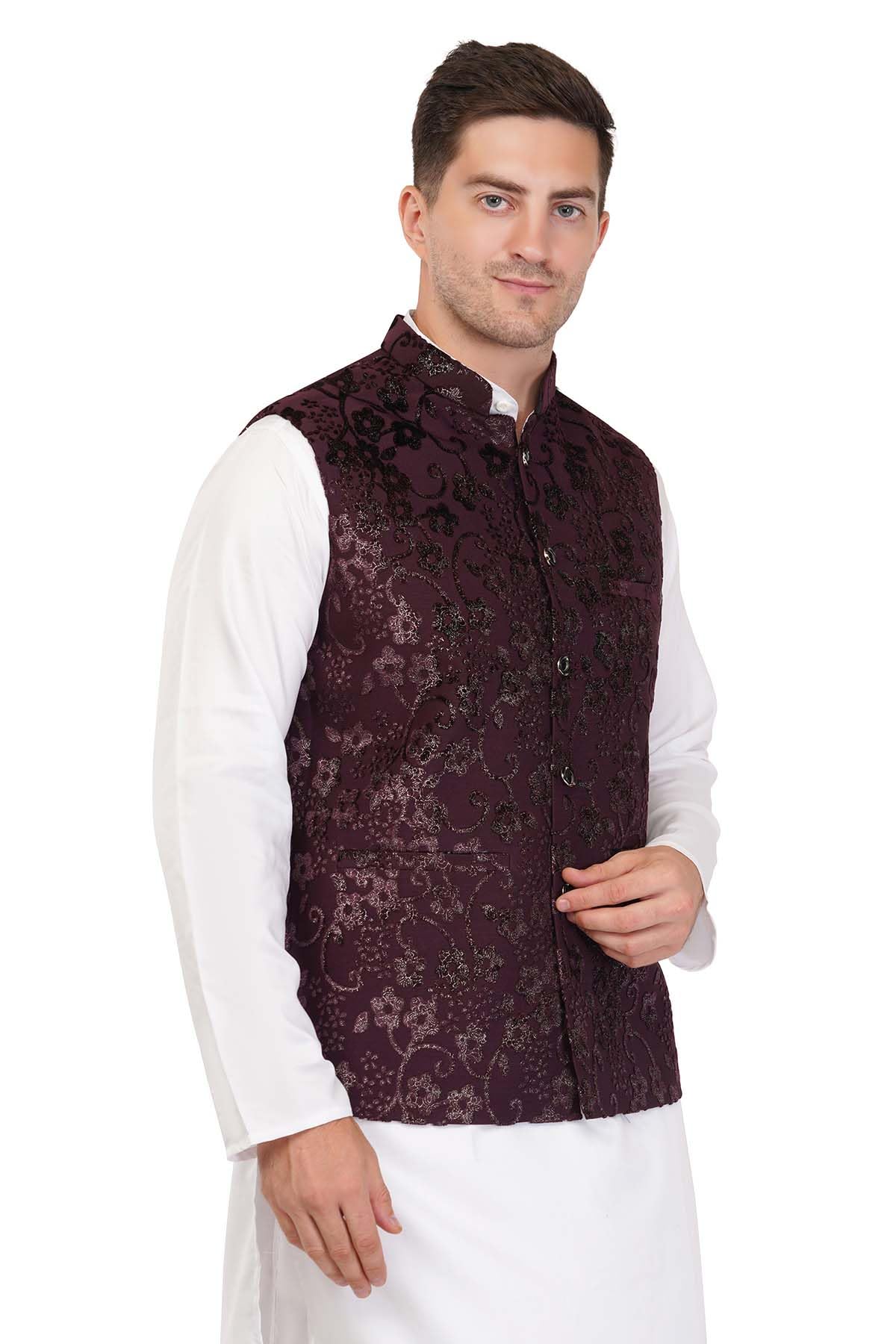 Men's Velvet Embossed Printed Modi Nehru Jacket Waistcoat: Party, Festive, Wedding Occasion Wear Multiple colors: Wine, Black