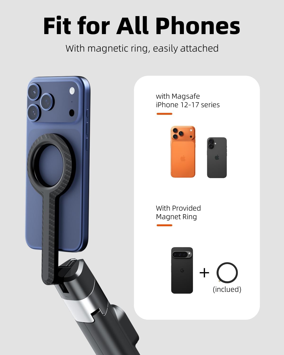 TODI 60" Magnetic Tripod for iPhone,Mini Magnetic Selfie Stick Magnetic Selfie Stick Compatible with iPhone 12-17 Series with Metal Ring