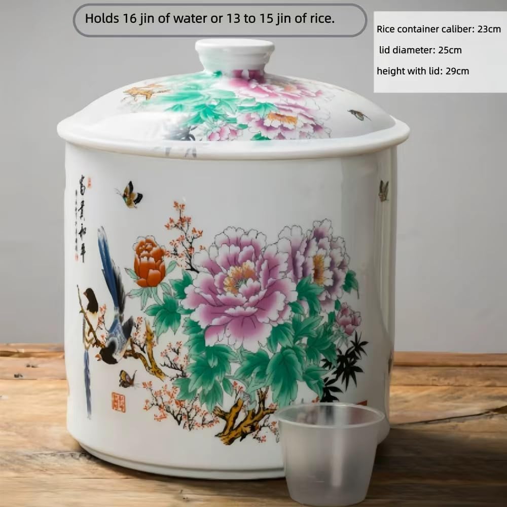 Ceramic Rice Jar, 10L Airtight Grain Dispenser with Lid, Food-Grade Storage Container for Rice, Flour, Grains, Tea, Home Kitchen, Chinese Vintage Style. white-a