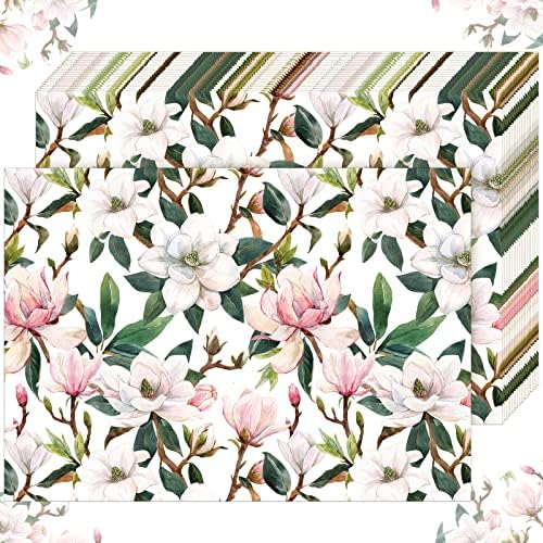 100 Pack Floral Magnolia Blossom Paper Placemats Disposable Placement Mats for Dining Table Bulk Placemats Spring Summer Dinner Table Setting Bridal Shower Wedding Party Decor, 10 x 14 in