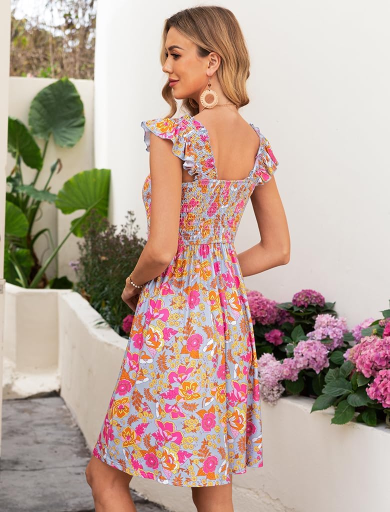 Naggoo Womens Summer Sundresses Sleeveless Square Neck Dress Ruffled Floral Smocked Dress A-line Boho Beach Dresses - Image 2