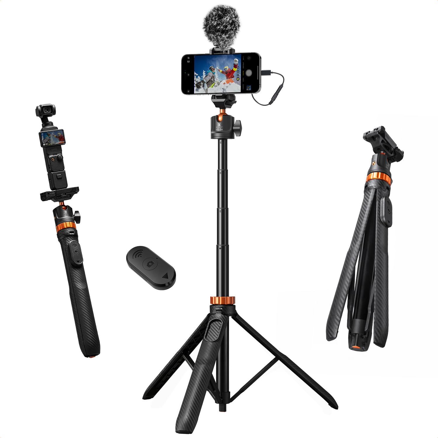 K&F CONCEPT Auto Open 62'' Selfie Stick Tripod with Remote for Vlog