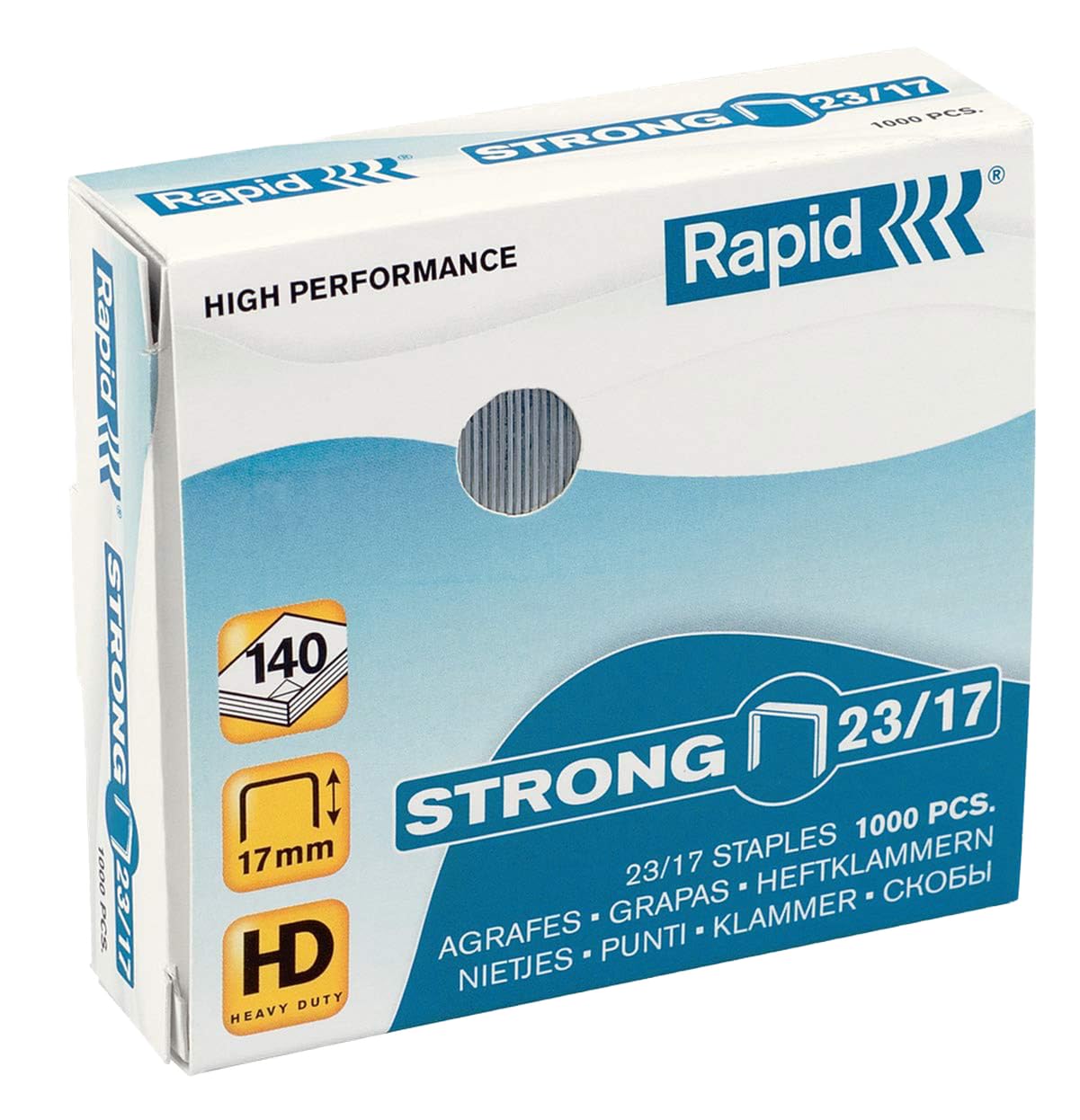 Rapid23/17mm Strong Staples, For Stapling 110-140 Sheets, Use with Heavy Duty Staplers, Galvanised Wire, Box of 1000, 24870300