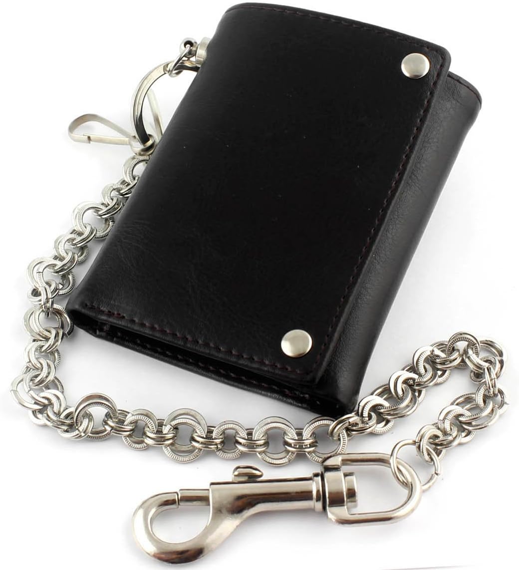 Mens Boys Trifold Leather Biker Trucker Wallet With A Long Metal Ring Key Chain