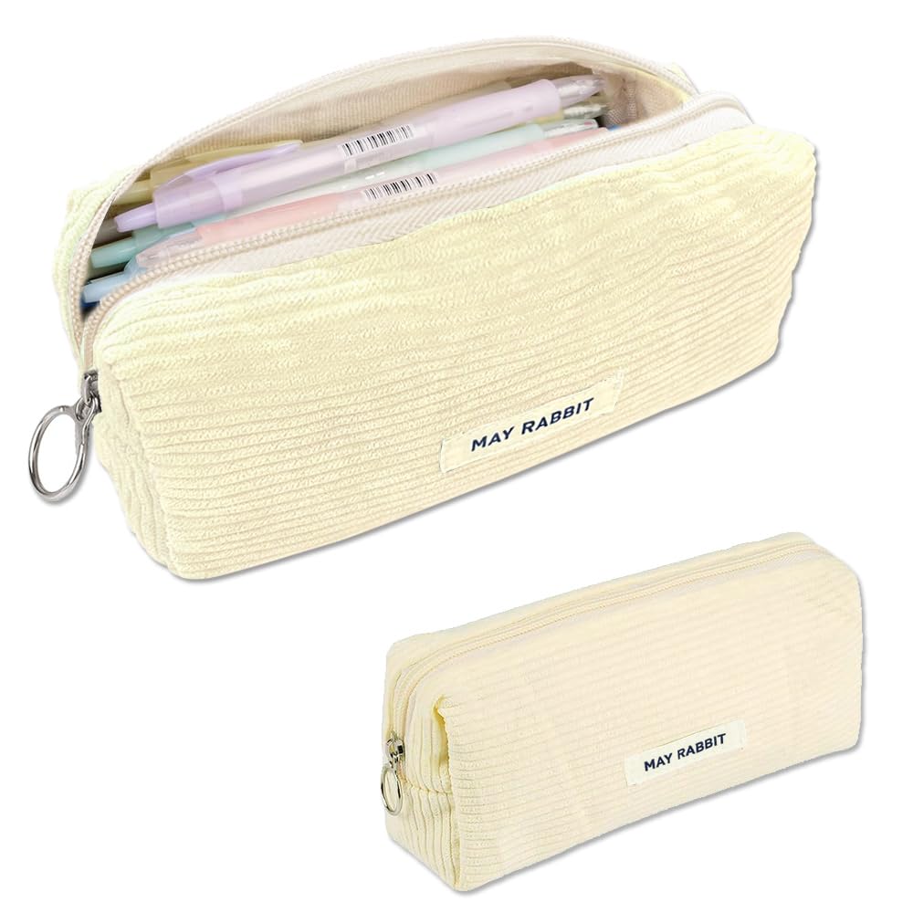 Topfunyy Cute Pencil Case Beige Corduroy Student Large Pen Pouch Bag Cosmetic Bag Office Stationery Organizer for Teenage Boys Girls - Image 2