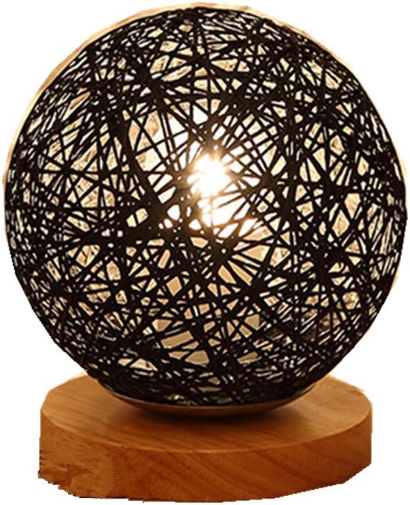 BOKT Minimalist Solid Wood Table Lamp Bedside Desk Lamp Colourful Home Decor Rattan Ball Round Lampshade (Black)
