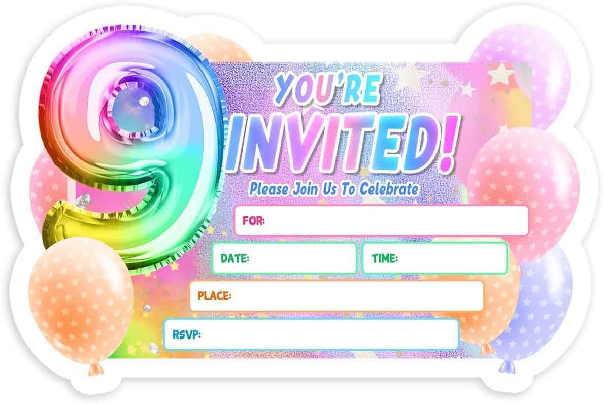 Simimi art9th Birthday invitation for girls -30 pack, Girl Birthday Party Invitation Cards with Envelopes, Girl Balloon Theme Birthday Party Decoration