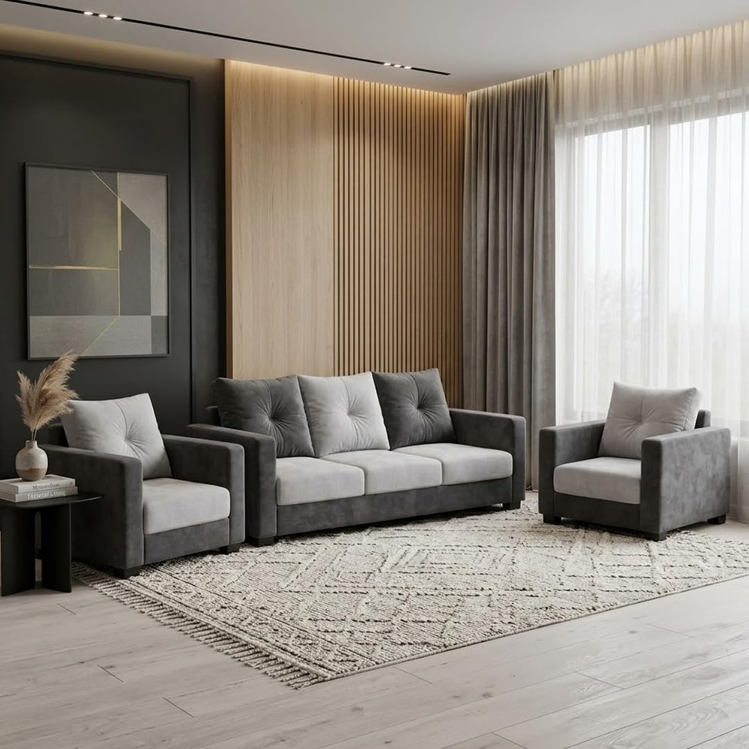 FURNY Heritage 3 Seater + 1 Seater + 1 Seater Fabric Sofa Set (Dark Grey-Light Grey) with Velvet Finish | Durable Comfort | Ideal for Living Room-image-31