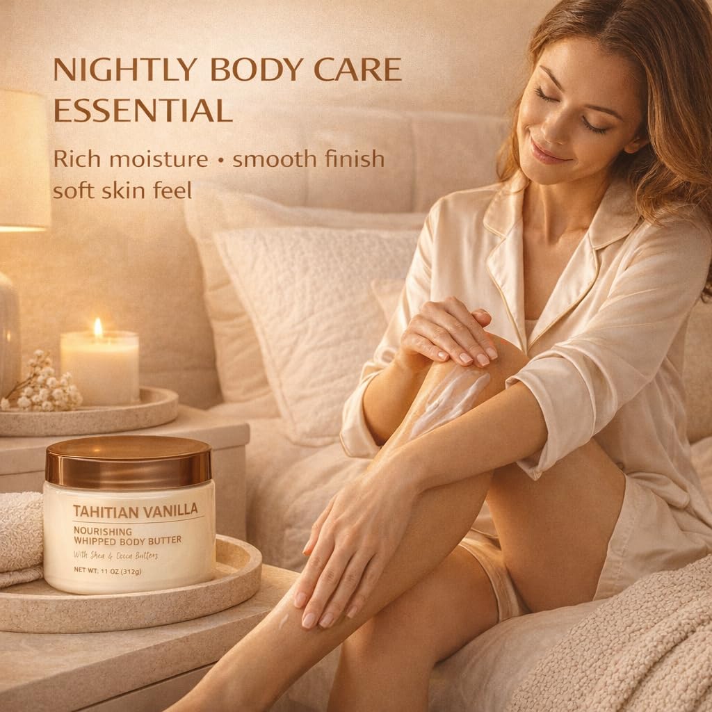 Whipped Body Butter, Tahitian Vanilla Scent, 11 oz Moisturizing Body Cream with Smooth Whipped Texture for Daily Skin Care Use