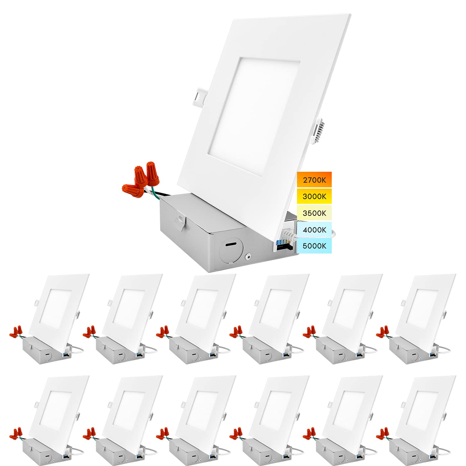 LUXRITE 12 Pack 6 Inch Ultra Thin Square Recessed Lighting, 5 Color Options 2700K - 5000K, Dimmable LED Downlight, 12W, IC & Wet Rated, 1000 Lumens, Canless LED Recessed Light, ETL