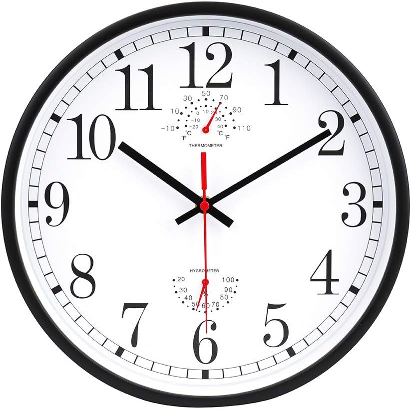 jomparis 12 Inch Wall Clock with Thermometer and Hygrometer Non-Ticking Silent Battery Operated Round Wall Clock for Outdoor Indoor