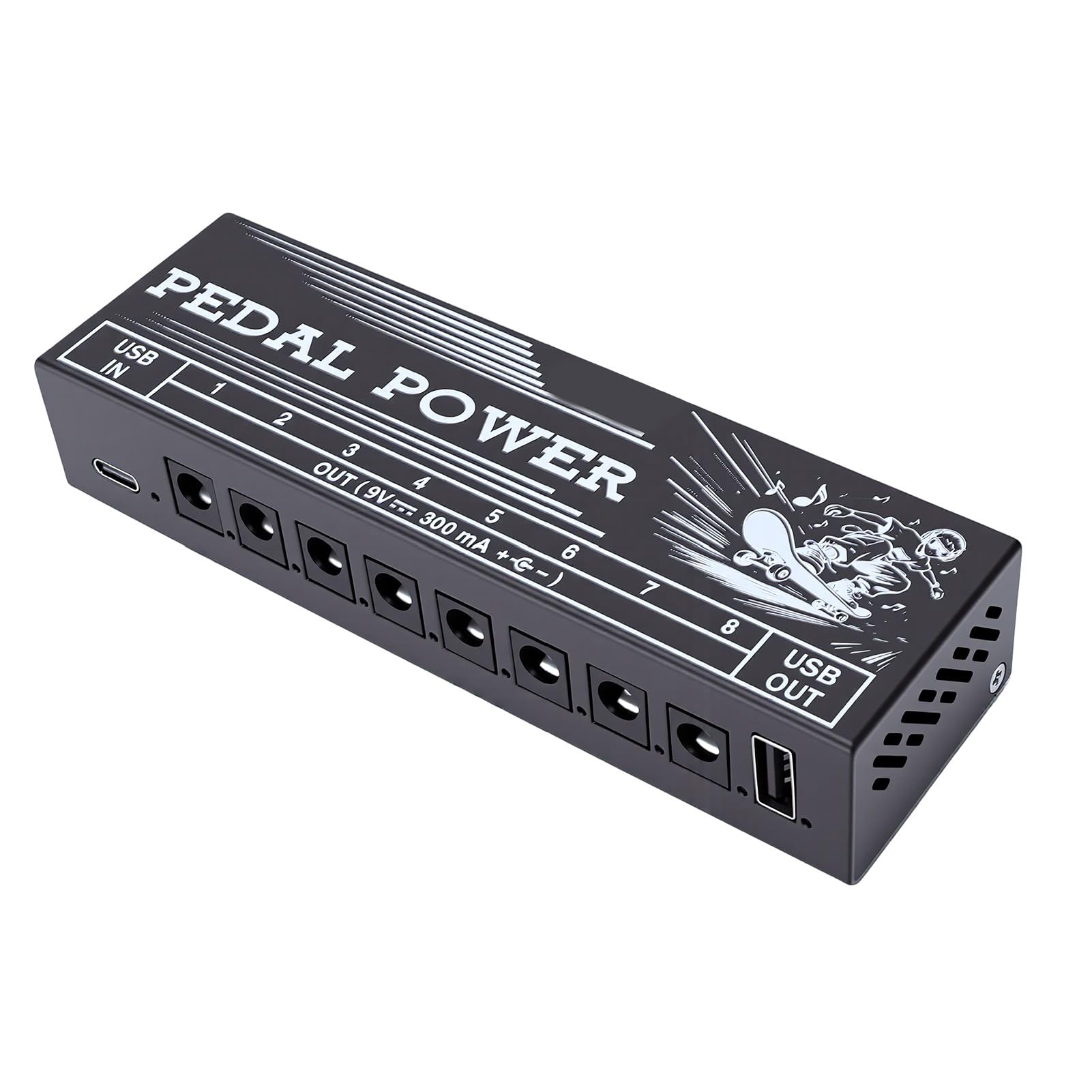 POENVFPO Alimentatore per Pedali Effetto Isolato 8 Uscite 300mA con | 9V DC 300mA per Uscita, Filtro di Riduzione del Rumore, Indicatori LED, Porta di Ricarica USB 5V 1A