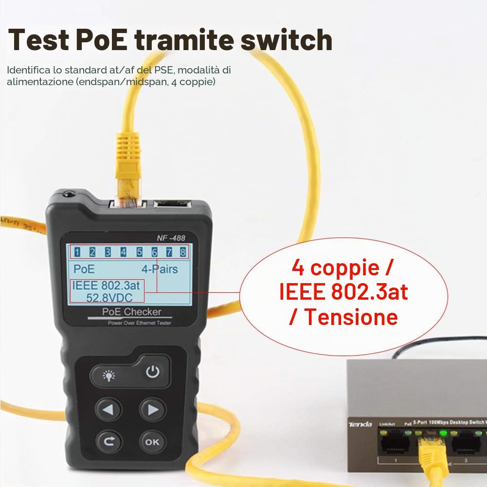 KALEA-INFORMATIQUE Tester per cavi di rete RJ45 RJ11: mappatura dei cavi, test PoE (presenza, corrente, tensione, potenza), test del consumo energetico.